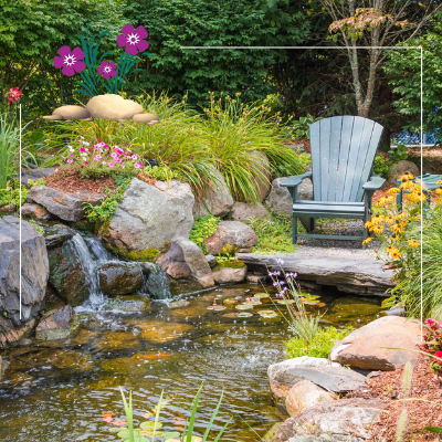 a pond with a waterfall and a chair in the middle of it .