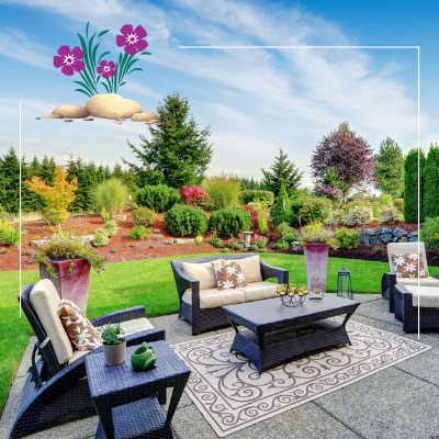 a patio with a couch , chairs , a coffee table and a rug .