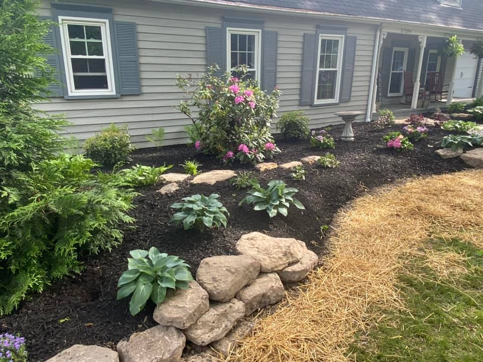 a house with a lush green garden in front of it .