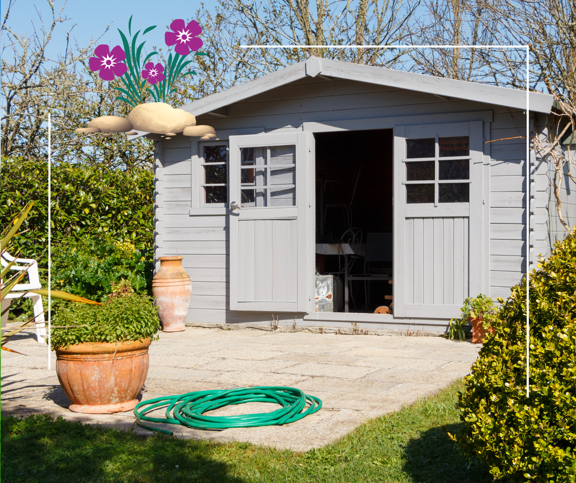 a shed with a green hose in front of it