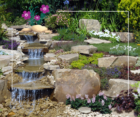 a waterfall surrounded by rocks and flowers in a garden