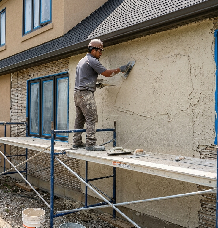 A construction worker on scaffolding uses a trowel to apply stucco to the exterior wall of a house.