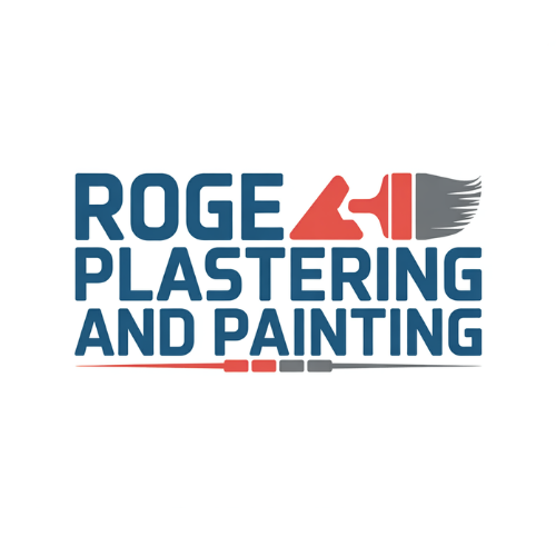 A logo for "Roge Plastering and Painting" featuring the text in blue and a red and gray paint brush icon.