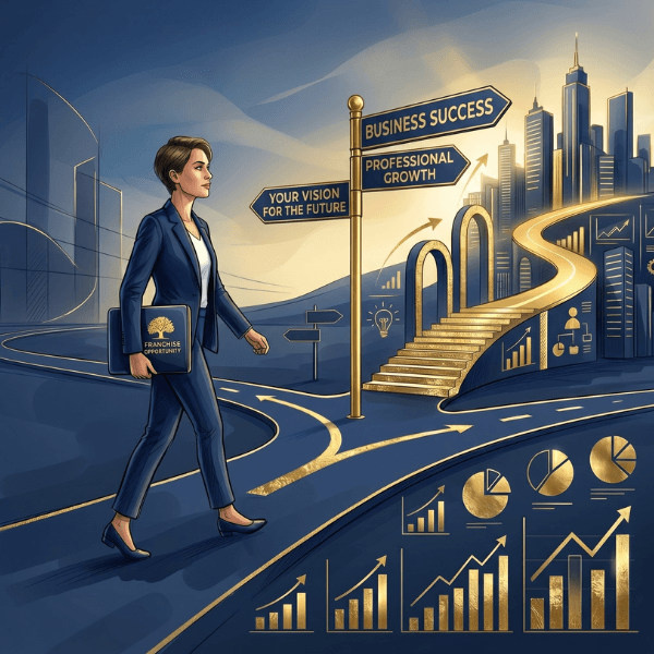 A professional walks toward a signpost pointing to 