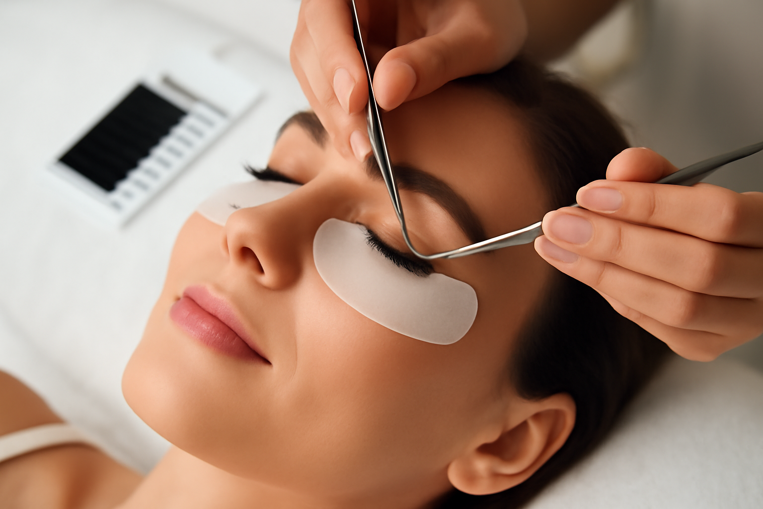 Bare Elegance lash technician applying safe eyelash extensions in a modern Cambridge studio.