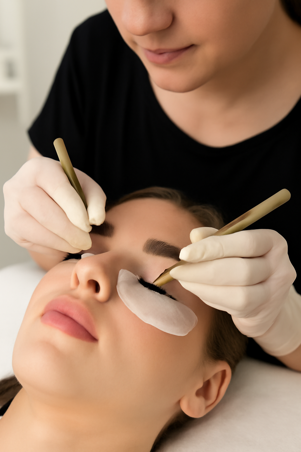 Bare Elegance client cleansing lash extensions with lash-safe cleanser for proper aftercare.