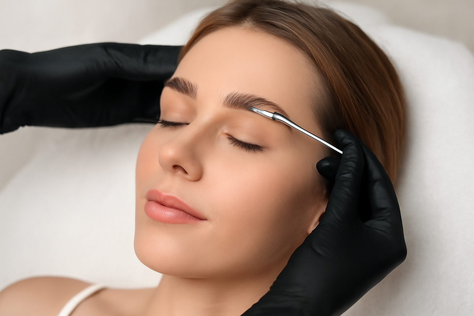 Bare Elegance brow technician shaping a client’s brows during a lamination treatment in Cambridge.

