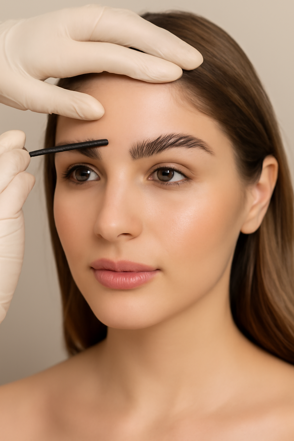 Bare Elegance technician applying the final touches during a brow lamination session in a clean studio.