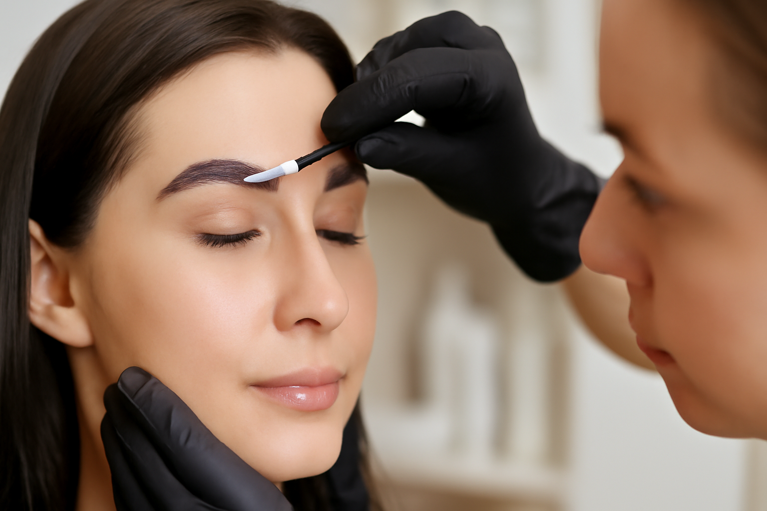 Bare Elegance brow technician laminating a client’s brows in a clean, modern Cambridge studio.
