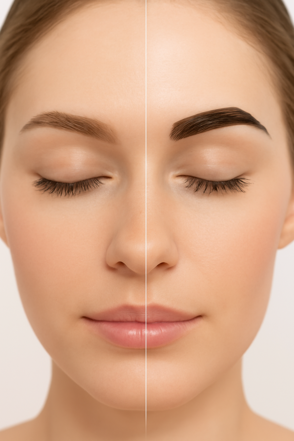 Before and after comparison of brow tinting results on a client’s brows at Bare Elegance.