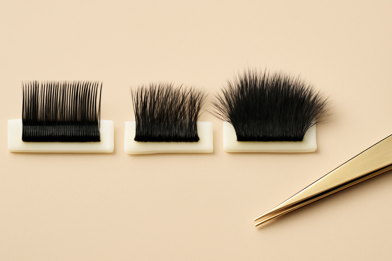 Classic, hybrid, and volume lash extensions shown side by side with tweezers at Bare Elegance.
