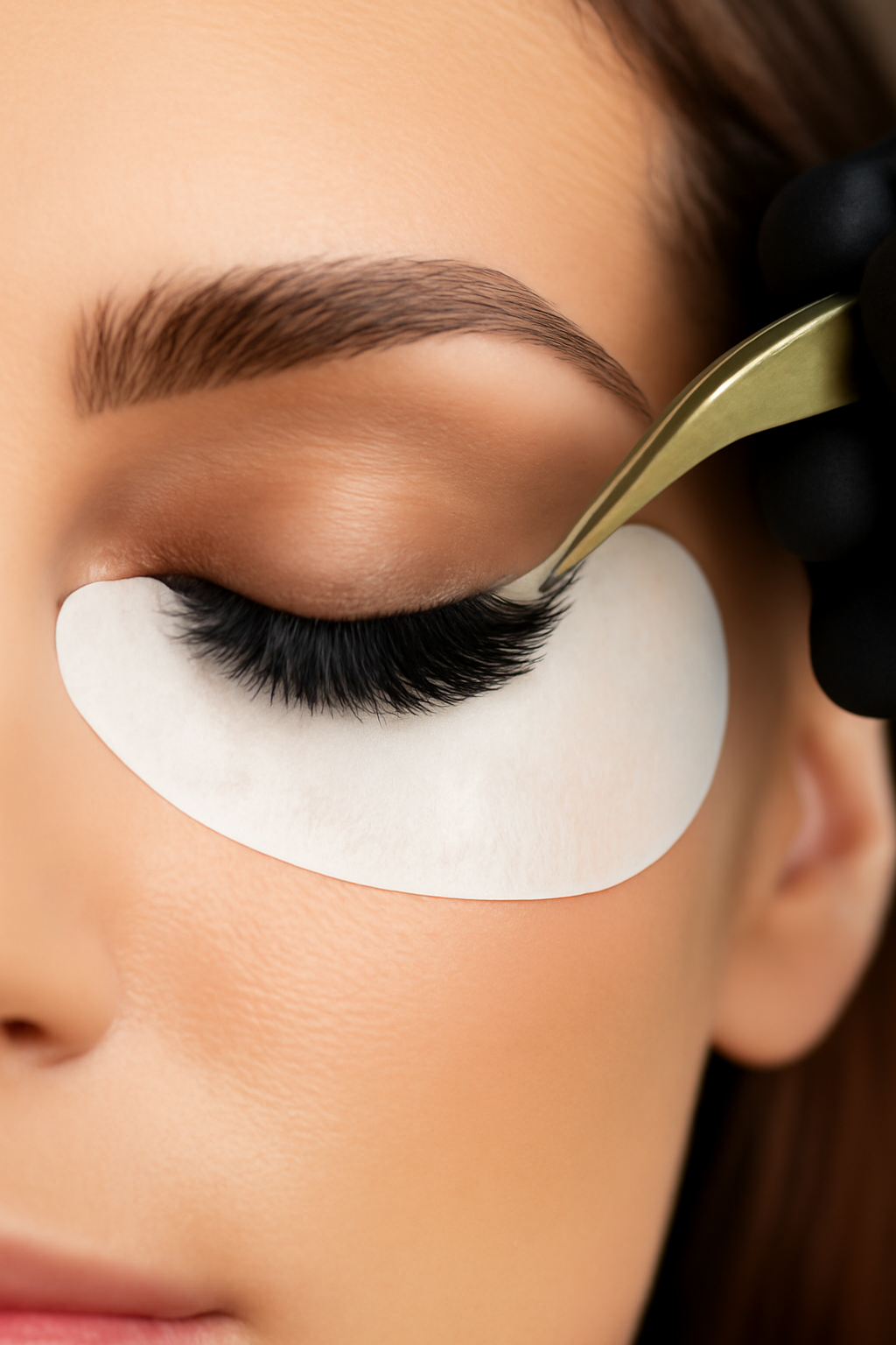 Close-up of lash extensions applied with tweezers to the client’s eye at Bare Elegance, Cambridge.