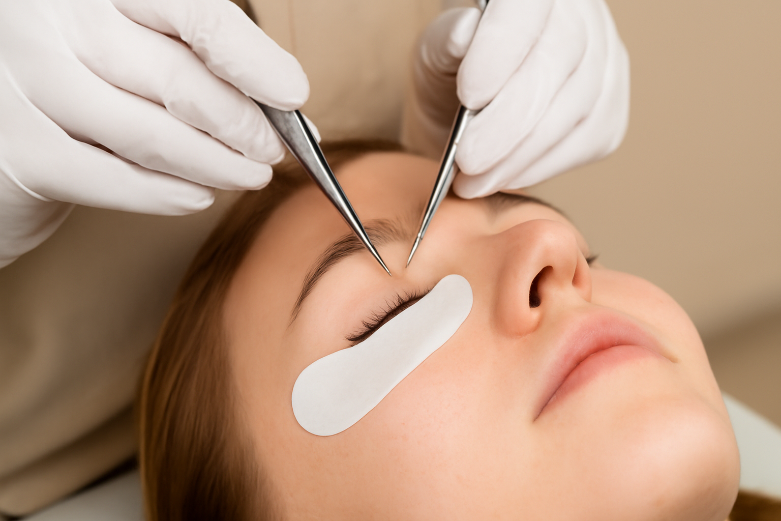 Close-up of a client receiving eyelash extensions with precision tweezers at Bare Elegance salon.