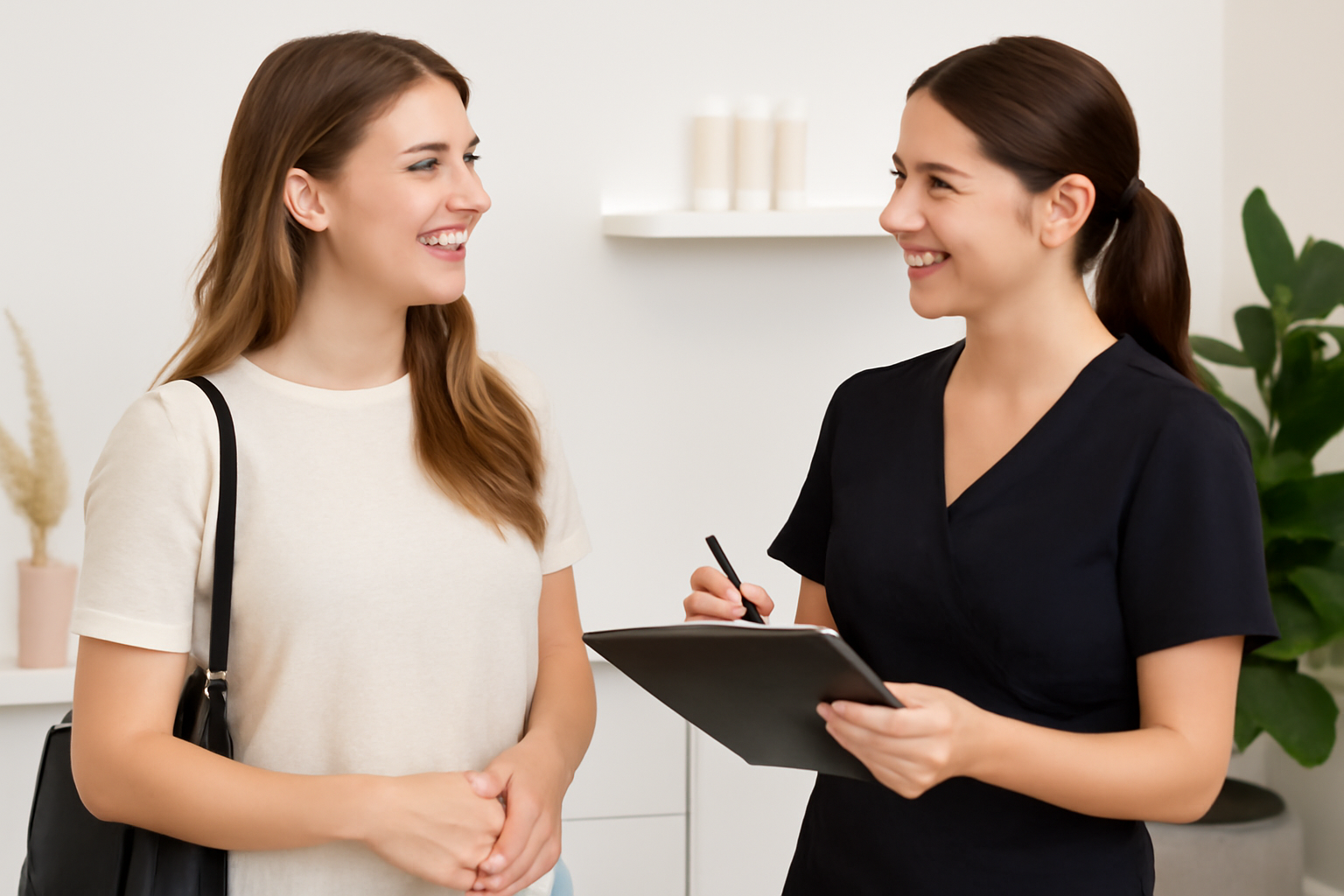 A Bare Elegance technician warmly welcoming a new client into the Cambridge beauty studio.
