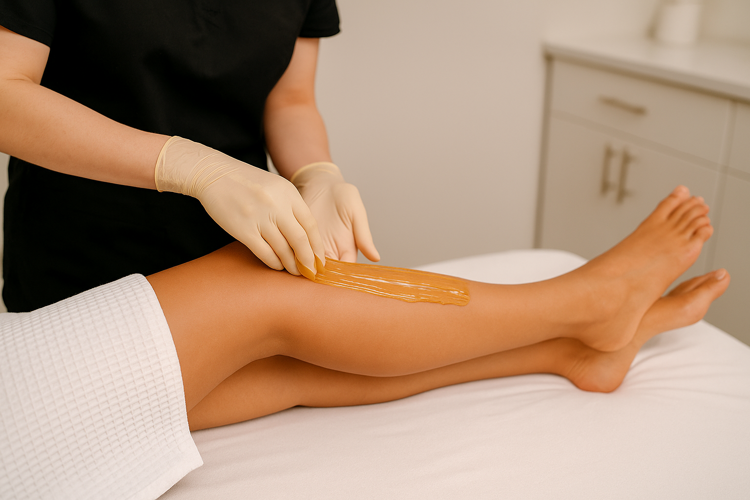 Bare Elegance sugaring technician applying natural sugar paste on the client’s legs in a studio.