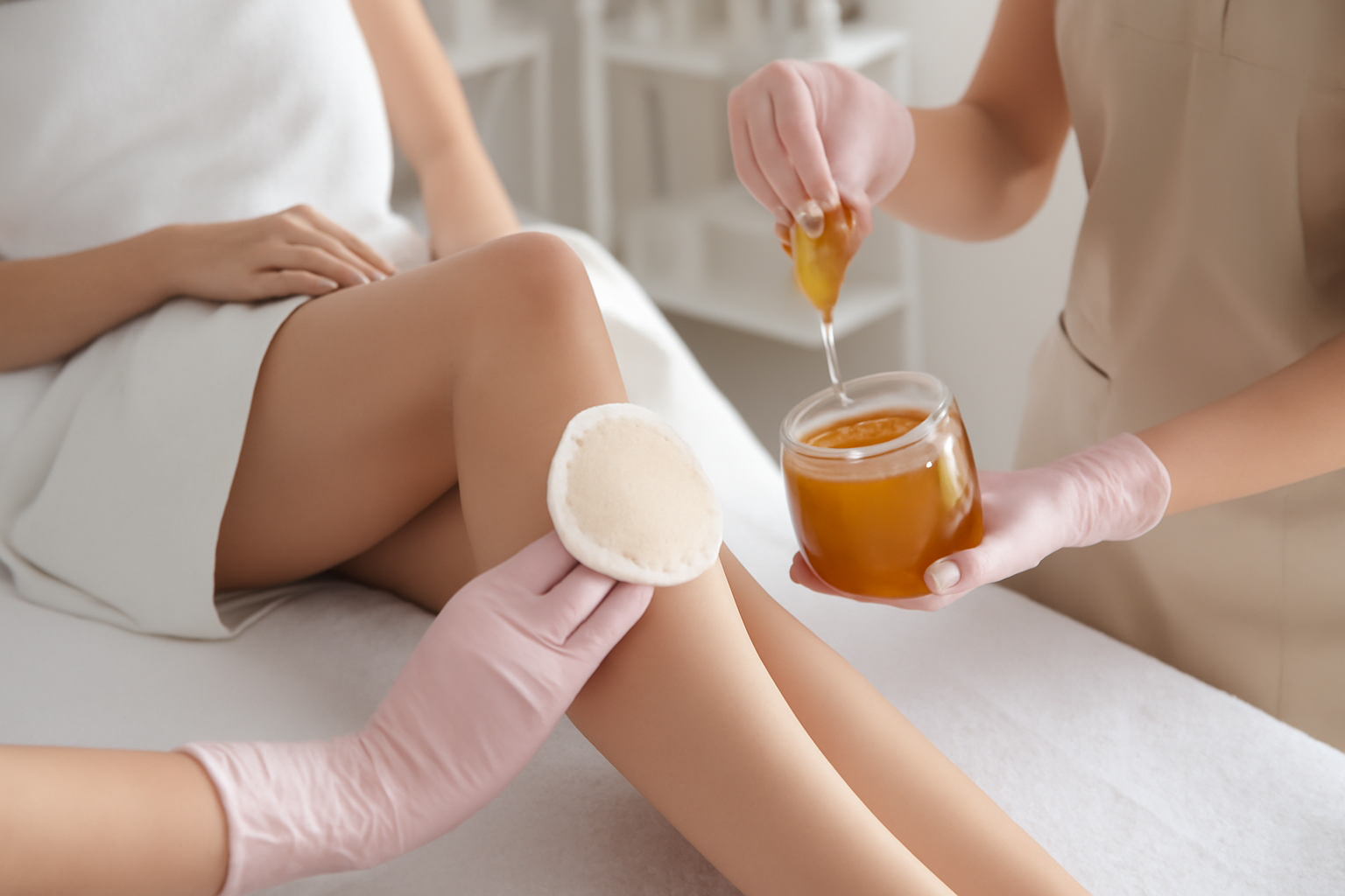 Bare Elegance sugaring prep with technician applying sugar paste in a clean, modern studio.