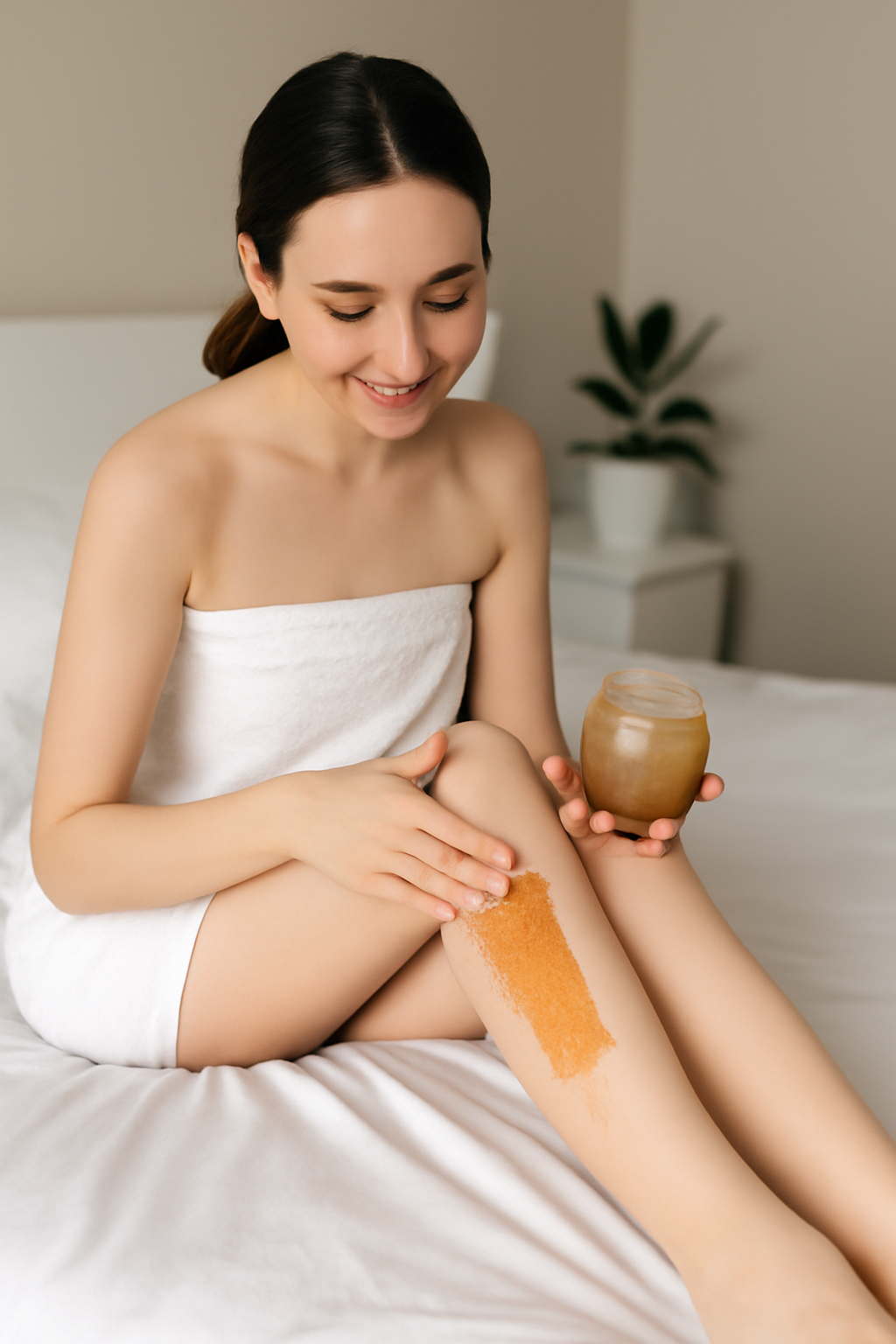 Bare Elegance client exfoliating legs with sugar scrub before sugaring treatment in the studio.
