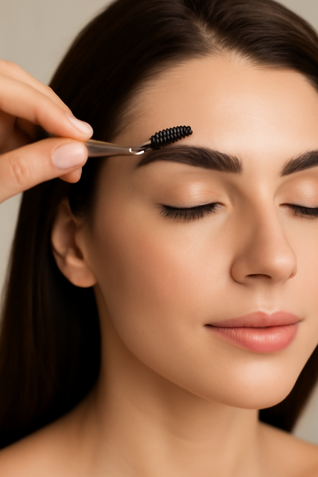 Bare Elegance client brushing brows with a spoolie for at-home maintenance between appointments.
