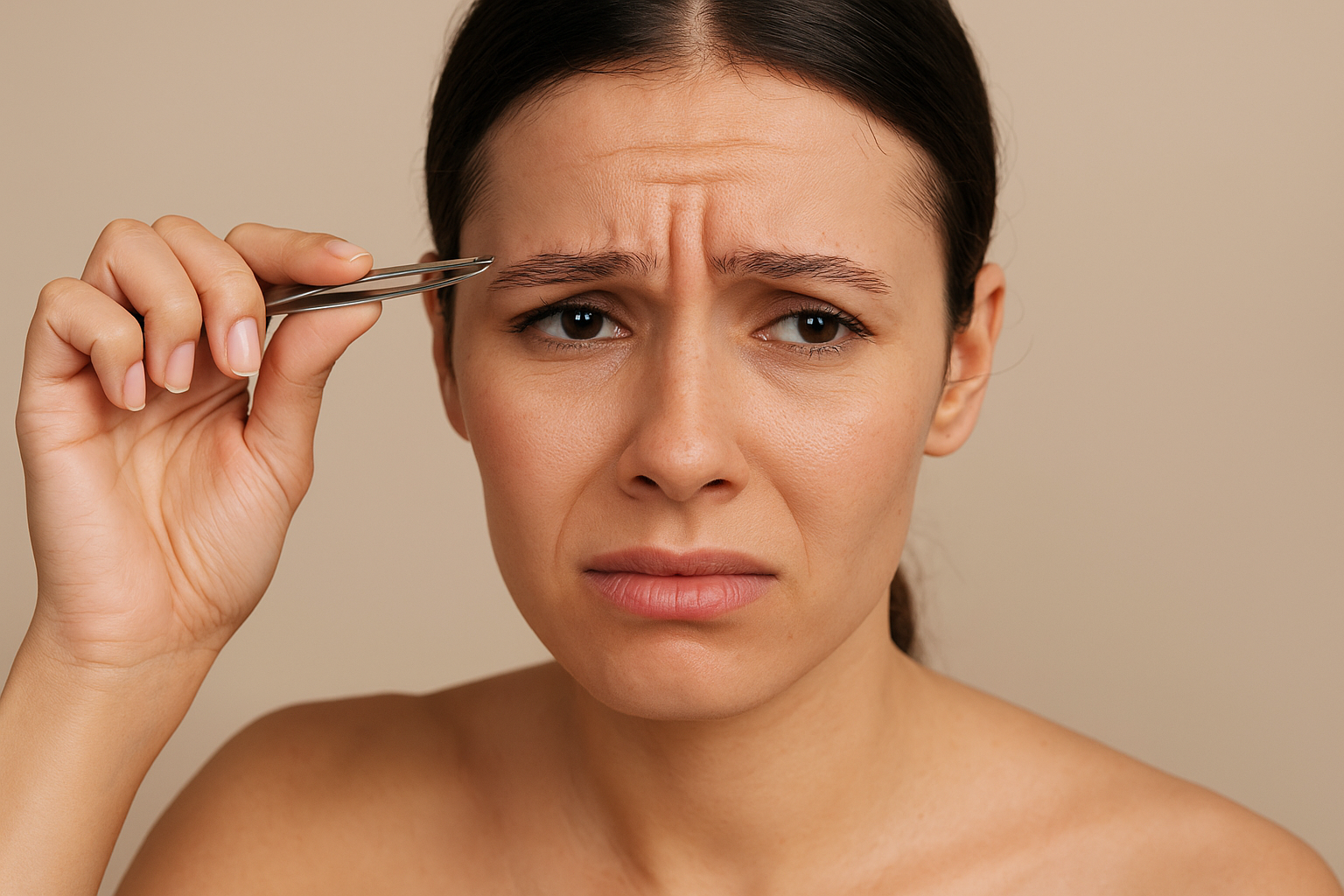 Bare Elegance brow technician shaping client’s sparse brows in a modern, professional studio.
