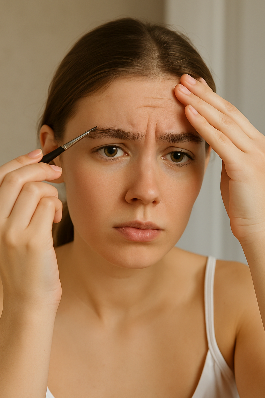 Bare Elegance close-up of over-plucked brows with sparse patches, showing natural regrowth needs.