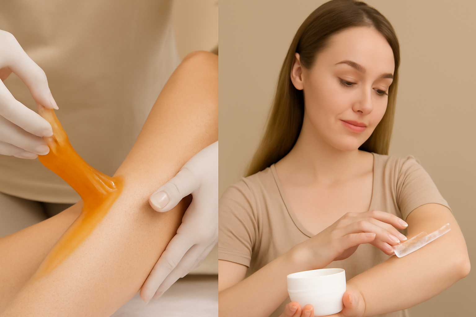 Professional sugaring treatment and aftercare cream application at Bare Elegance salon.