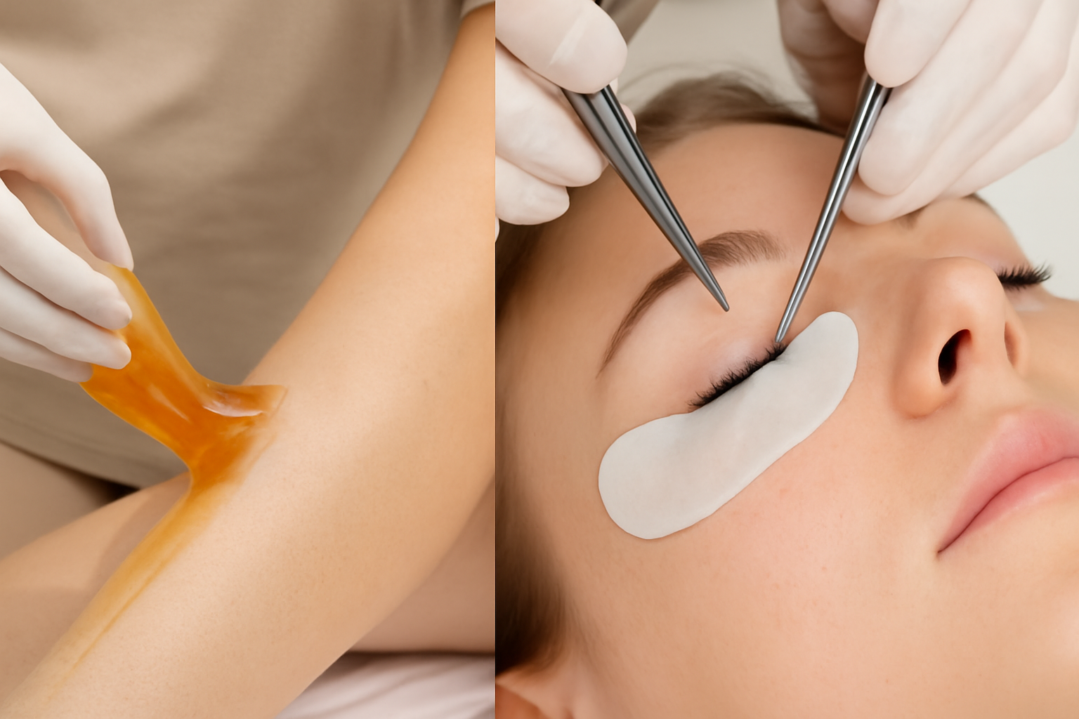 Sugaring and lash extension treatments side by side at Bare Elegance beauty salon.