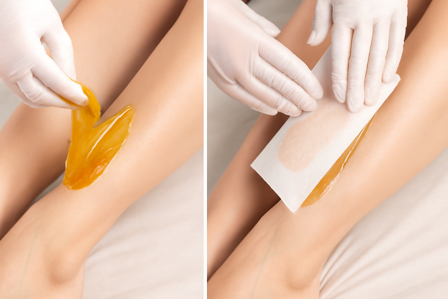 Bare Elegance sugaring treatment in the Cambridge studio showing natural hair removal on legs.
he