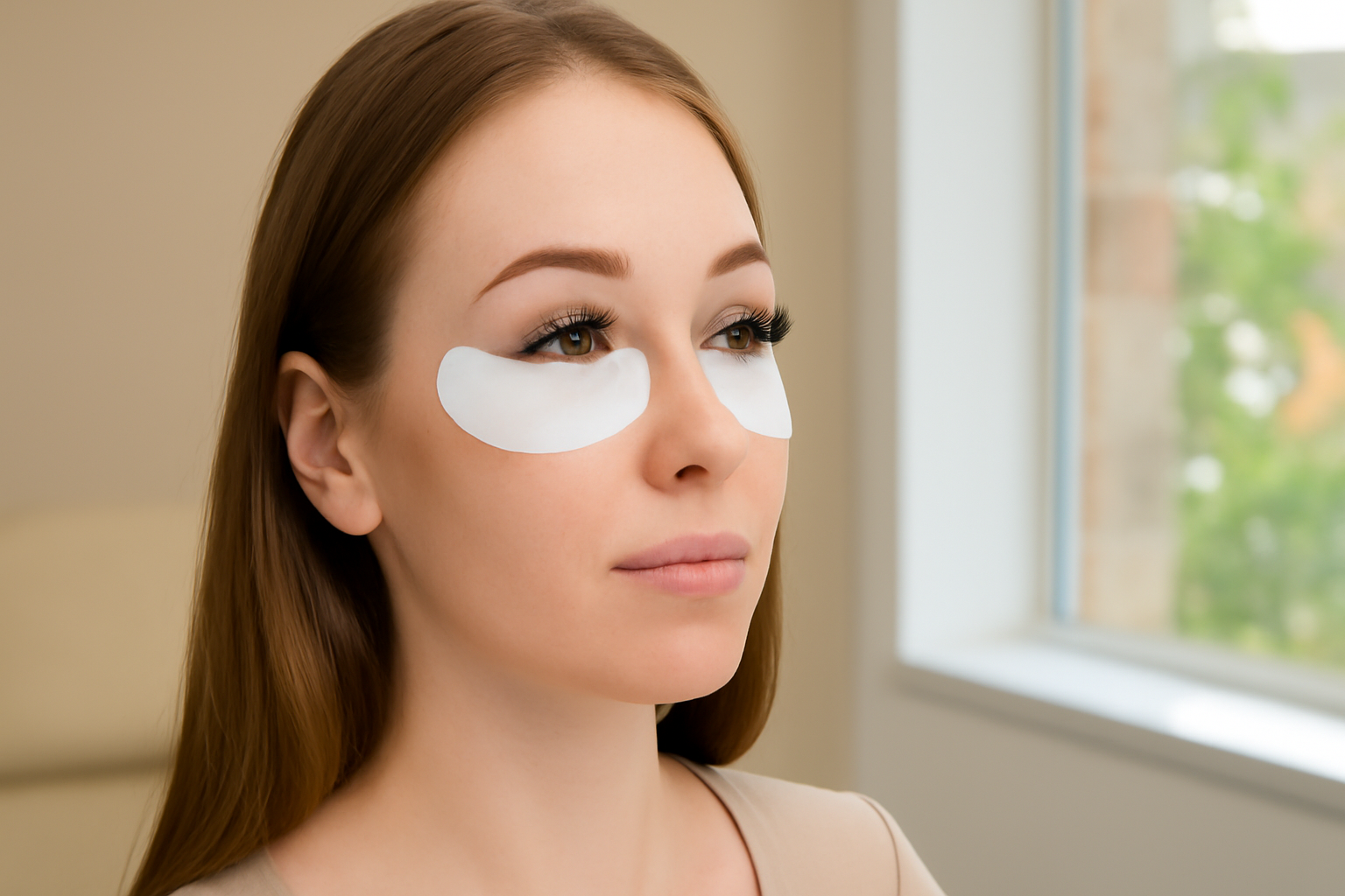 Client with eye pads showing fresh lash extensions at Bare Elegance salon in Cambridge.