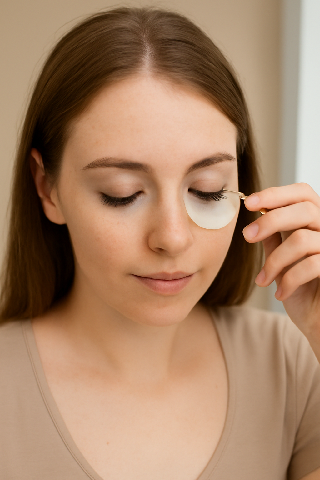 Young woman applying eyelash extensions with tweezers | Bare Elegance,
