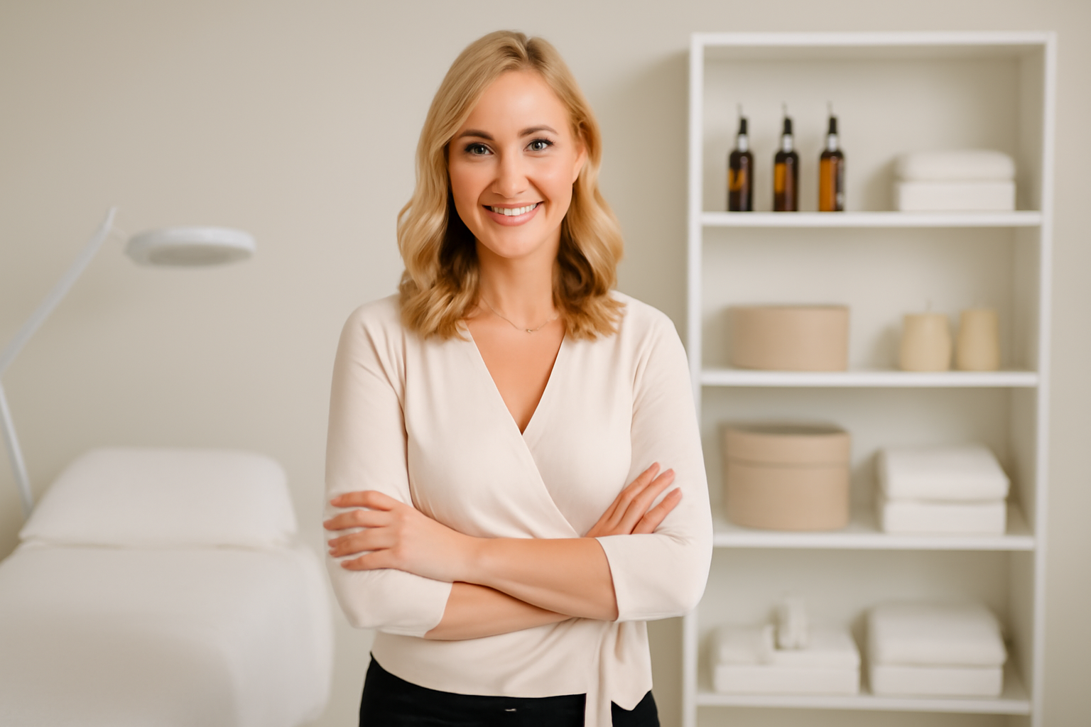 Bare Elegance staff preparing for a beauty treatment in the professional studio in Cambridge.
