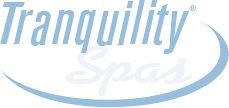 A blue and white logo for tranquility spas.