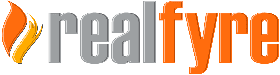 A logo for realfyre with a flame in the middle.
