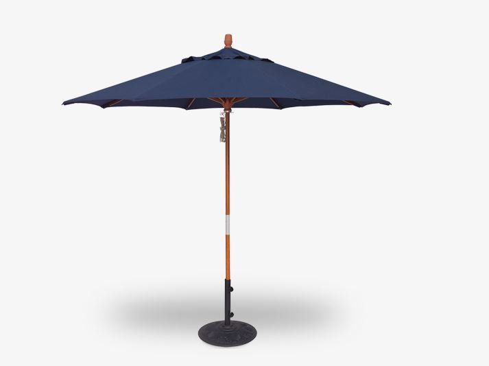 A blue umbrella with a wooden pole on a white background