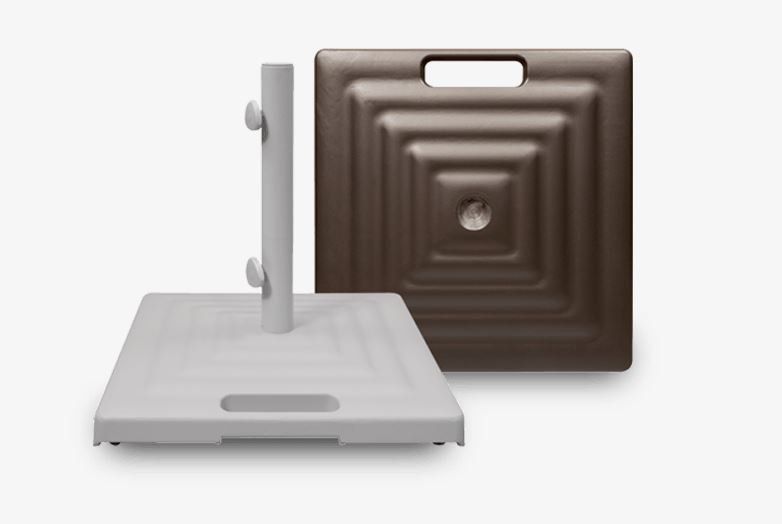 A white umbrella base and a brown umbrella base on a white background.