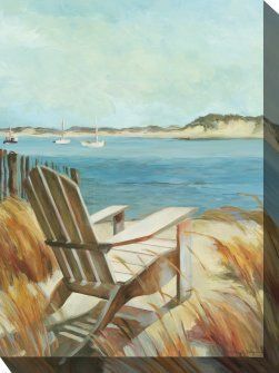 A painting of a chair on a beach with a view of the ocean.