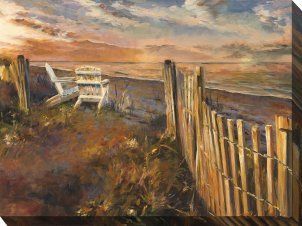 A painting of a beach with chairs and a fence.