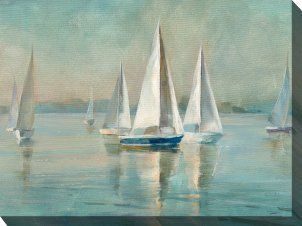 A painting of a group of sailboats in the water.