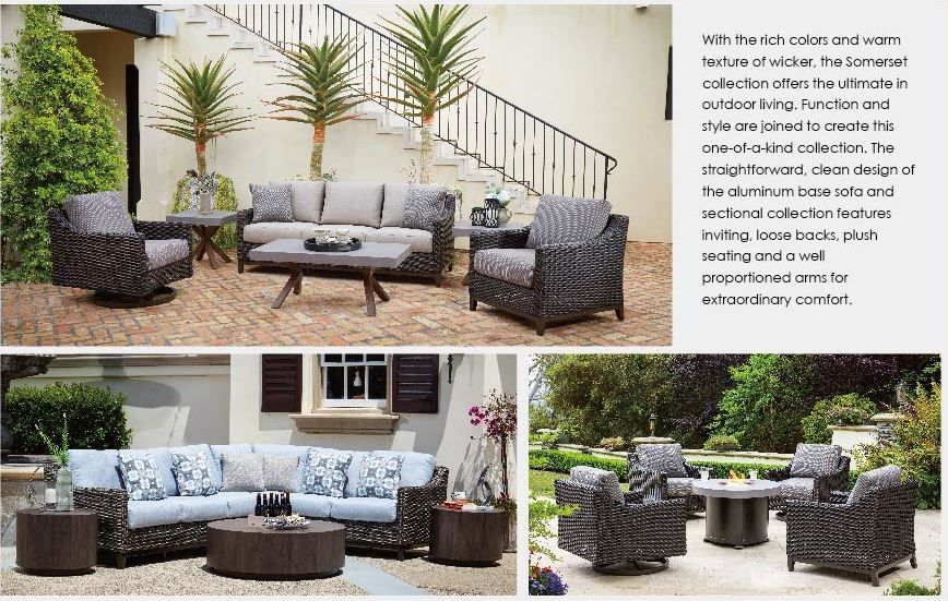 A collage of pictures of a patio set with a couch , chairs , tables and stairs.