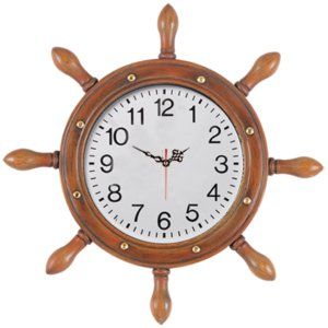 A clock with a wooden steering wheel on it