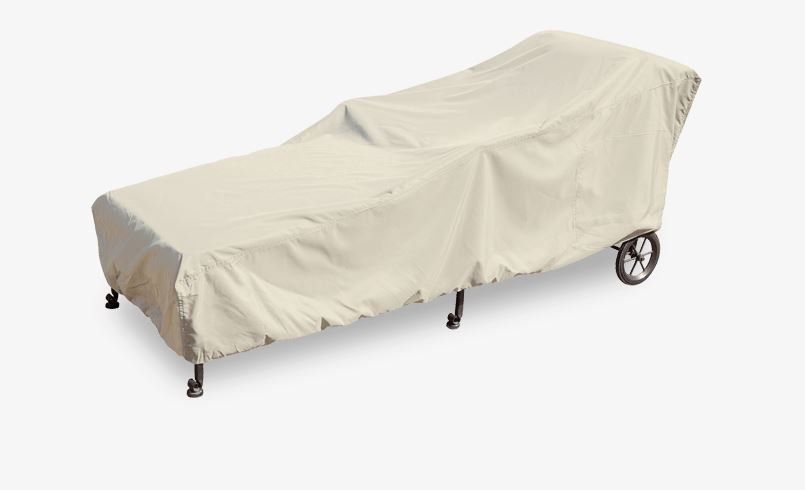 A white cover is covering a chaise lounge with wheels.
