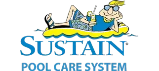 The logo for sustain pool care system shows a man laying on a raft in the water.