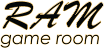 The logo for ram game room is black and gold on a white background.