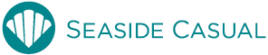 The logo for seaside casual is blue and white