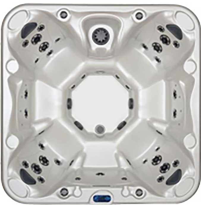 A white hot tub with a blue light on the bottom