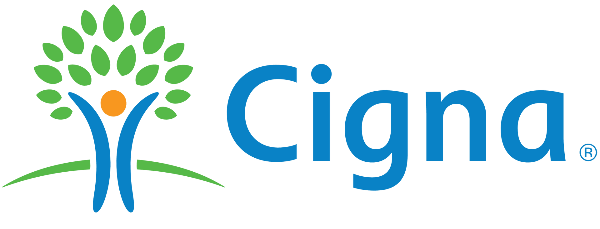 A cigna logo with a tree and a person in the middle.