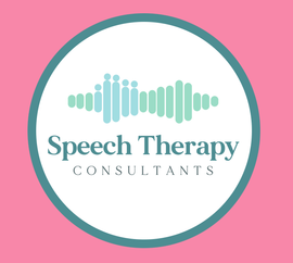 A logo for speech therapy consultants on a pink background