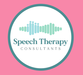 A logo for speech therapy consultants on a pink background