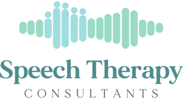 The logo for speech therapy consultants has a sound wave on it.