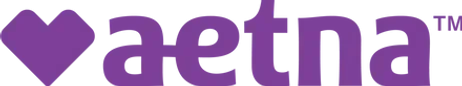 A purple logo for aetna with a heart in the middle.