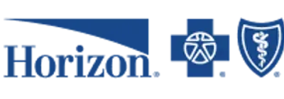 A blue horizon logo with a cross and shield on a white background.